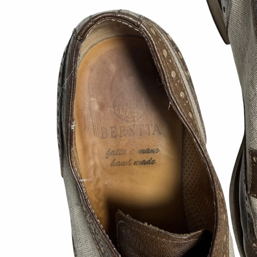 Beretta Mens 42 Brown Leather Canvas Wingtip Oxford Brogue Shoes Made Italy